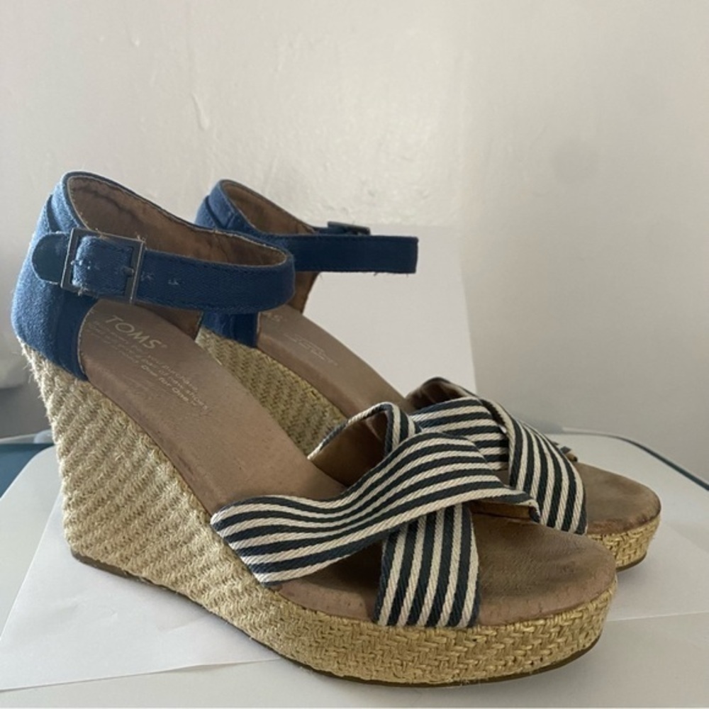 Toms Blue White stripe rope Wedges
